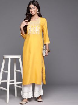 KSUT - Women Mustard Viscose Rayon Embroidered Straight Kurta
