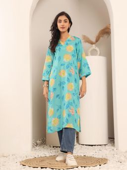 KSUT - Women Blue Cotton Floral Straight Kurta