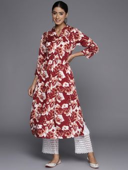 KSUT - Women Maroon Crepe Floral A-Line Kurta