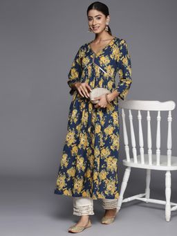 KSUT - Women Navy Blue Cotton Printed Straight Kurta