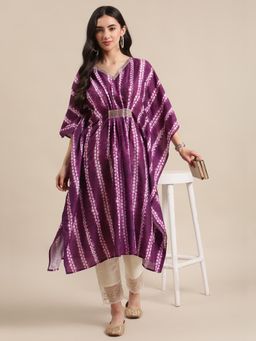 KSUT - Women Purple Silk Abstract Flared Kaftan Kurta