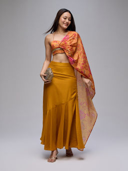 Gajra Gang - Mustard Embellished Pallu Blouse With Asymmetric Skirt Eastern Souk (Set of 2)