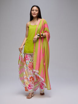 Gajra Gang - Lime Georgette Strappy Kurta, Floral Pant & Stripe Dupatta Blushed Affair (Set of 3)