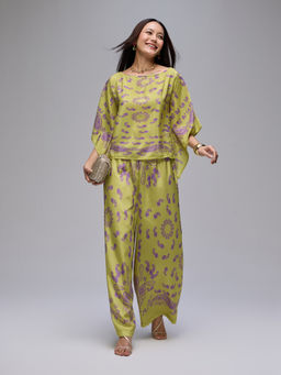 Gajra Gang - Lime Yellow Crepe Paisley Print Kaftan Top With Wide Pant La Dolce Vita (Set of 2)