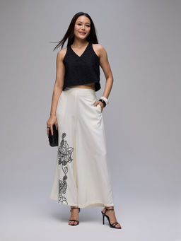 Gajra Gang - Black Cambric Crop Top With White Embroidered Palazzo Chalk And Slate (Set of 2)