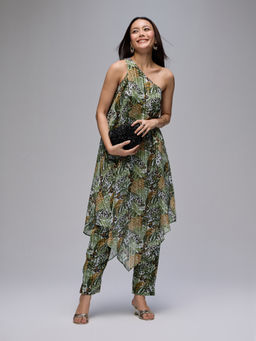 Gajra Gang - Olive Georgette Printed One Shoulder Kurta And Pant Co-Ord Set Boho Naari(Set of 2)