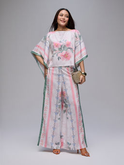 Gajra Gang - Off White Crepe Floral Kaftan Top With Mid Waist Palazzo Blushed Affair (Set of 2)
