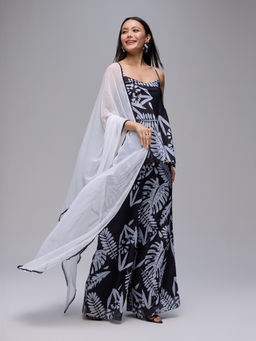 Gajra Gang - Black Chanderi Floral Kurta And Palazzo With Dupatta Chalk And Slate (Set of 3)