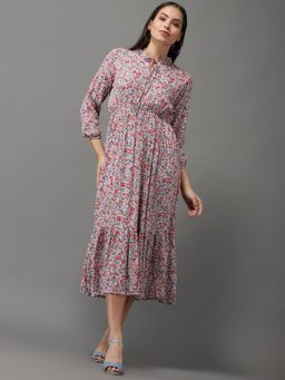 SHOWOFF - Womens Keyhole Neck White Fit And Flare Printed Dress