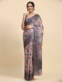 RACHNA - Grey Floral Printed Cotton Designer Saree