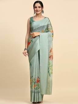 RACHNA - Green Floral Printed Satin Designer Saree