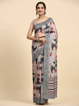 RACHNA - Grey Abstract Printed Cotton Silk Designer Saree
