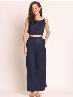 AOBA - Navy Blue Shoulder Strap Linen Crop Top & Trousers Co-ord Set