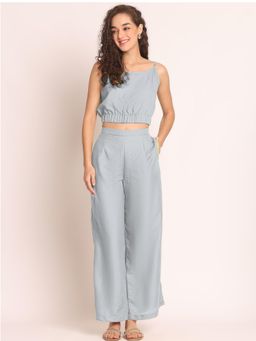AOBA - Light Blue Shoulder Strap Linen Crop Top & Trousers Co-ord Set