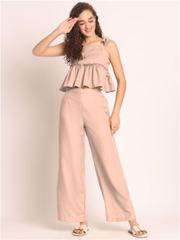 AOBA - Pink Shoulder Strap Linen Crop Top & Palazzos Co-ord Set
