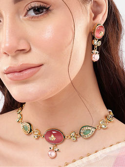 Nuyug - Multi-Color Brass 22K Gold Plated Necklace with Pair Of Earrings