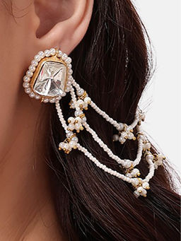 Nuyug - White Brass Gold Plated Pair Of Earrings with Earchains