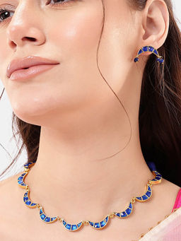 Nuyug - Blue Brass Gold Plated Necklace with Pair Of Earrings