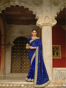 Odette - Dark Blue Vichitra Embroidered Saree with Unstitched Blouse