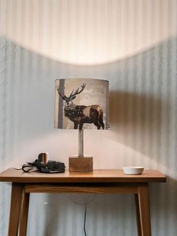 PineCraft International - Ema Table Lamp With Deer Print Shade 13.5 Inch, Wood