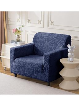 House of Quirk - Stretchable Sofa Cover Soft Jacquard Camellia Fabric Slipcover Navy Blue