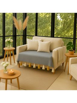 THROW PILLOW - Light Grey With Yellow And Offwhite Tassels Sofa Cover 65X65 cm