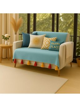 THROW PILLOW - Turquoise Blue With Magenta and Yellow Tassels Sofa Cover 65X130 cm