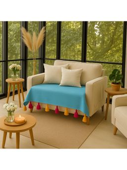 THROW PILLOW - Turquoise Blue With Magenta And Yellow Tassels Sofa Cover 65X65 cm