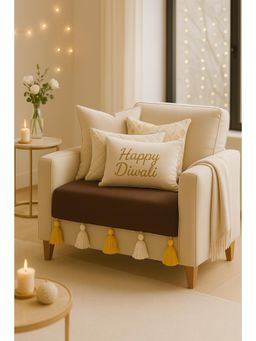 THROW PILLOW - Brown With Yellow And Offwhite Tassels Sofa Cover 65X65 cm