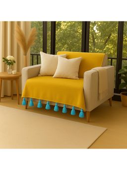 THROW PILLOW - Yellow With Ice Blue Tassels Sofa Cover 65X130 cm
