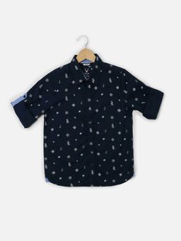 Allen Solly - Boys Navy Blue Printed Full Sleeves Slim Fit Casual Shirt
