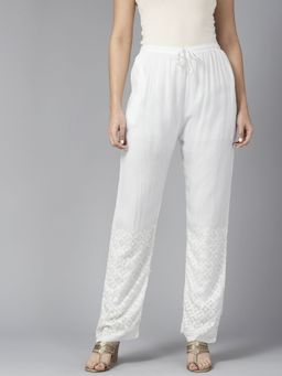 ADA - Hand Embroidered White Viscose Georgette Lucknowi Chikankari Pant