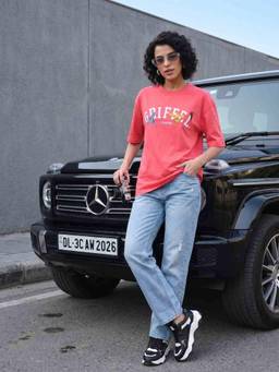 Griffel - Magenta Cotton Round Neck Half Sleeves Typography T-Shirt