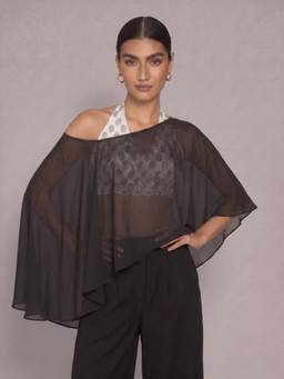 NISHORAMA - Black Mul One Shoulder Three Fourth Sleeves Solid Cover Up Top