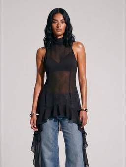 NISHORAMA - Black Mul High Neck Sleeveless Solid Top