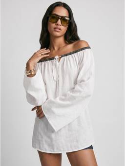 NISHORAMA - White Mul Off Shoulder Full Sleeves Solid Top