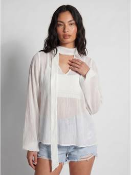 NISHORAMA - White Crepe Tie Up Neck Full Sleeves Solid Top