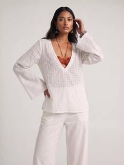 NISHORAMA - White Cotton V-Neck Full Sleeves Checks Top