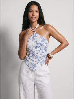 NISHORAMA - White Cotton Halter Neck Sleeveless Printed Top