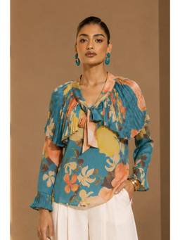 Sheczzar - Green Chiffon Tie Up Neck Regular Fit Full Sleeves Printed Top