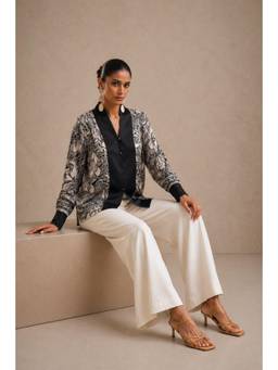 Sheczzar - Black Satin V-Neck Regular Fit Full Sleeves Printed Top