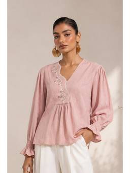 Sheczzar - Pink Linen V-Neck Regular Fit Full Sleeves Embroidered Top