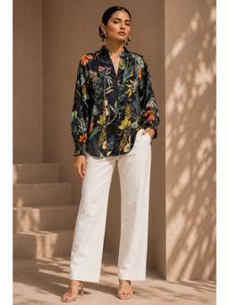 Sheczzar - Navy Blue Satin Mandarin Neck Regular Fit Full Sleeves Printed Top