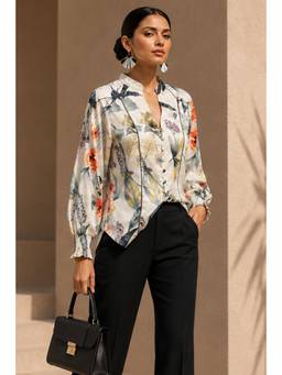 Sheczzar - White Satin Mandarin Neck Regular Fit Full Sleeves Printed Top