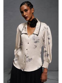 Sheczzar - Beige Satin Collar Neck Regular Fit Full Sleeves Self Design Top