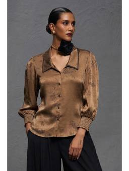 Sheczzar - Brown Satin Collar Neck Regular Fit Full Sleeves Self Design Top