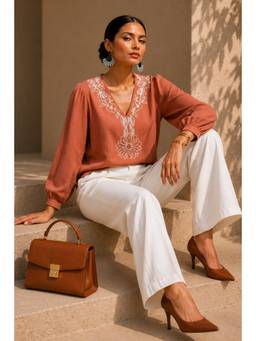 Sheczzar - Rust Linen V-Neck Regular Fit Full Sleeves Embroidered Top