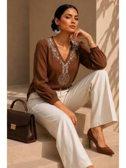 Sheczzar - Brown Linen V-Neck Regular Fit Full Sleeves Embroidered Top