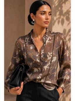 Sheczzar - Brown Chiffon Mandarin Neck Regular Fit Full Sleeves Printed Top