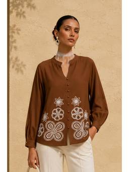 Sheczzar - Brown Linen Mandarin Neck Regular Fit Full Sleeves Embroidered Top